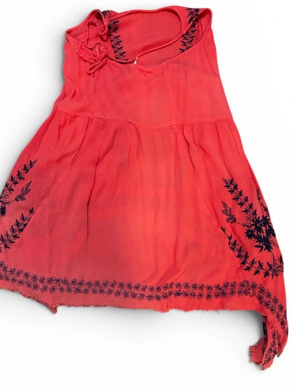 Free People M Coral Salmon Embroidered Handkerchief Hem Tunic Dress